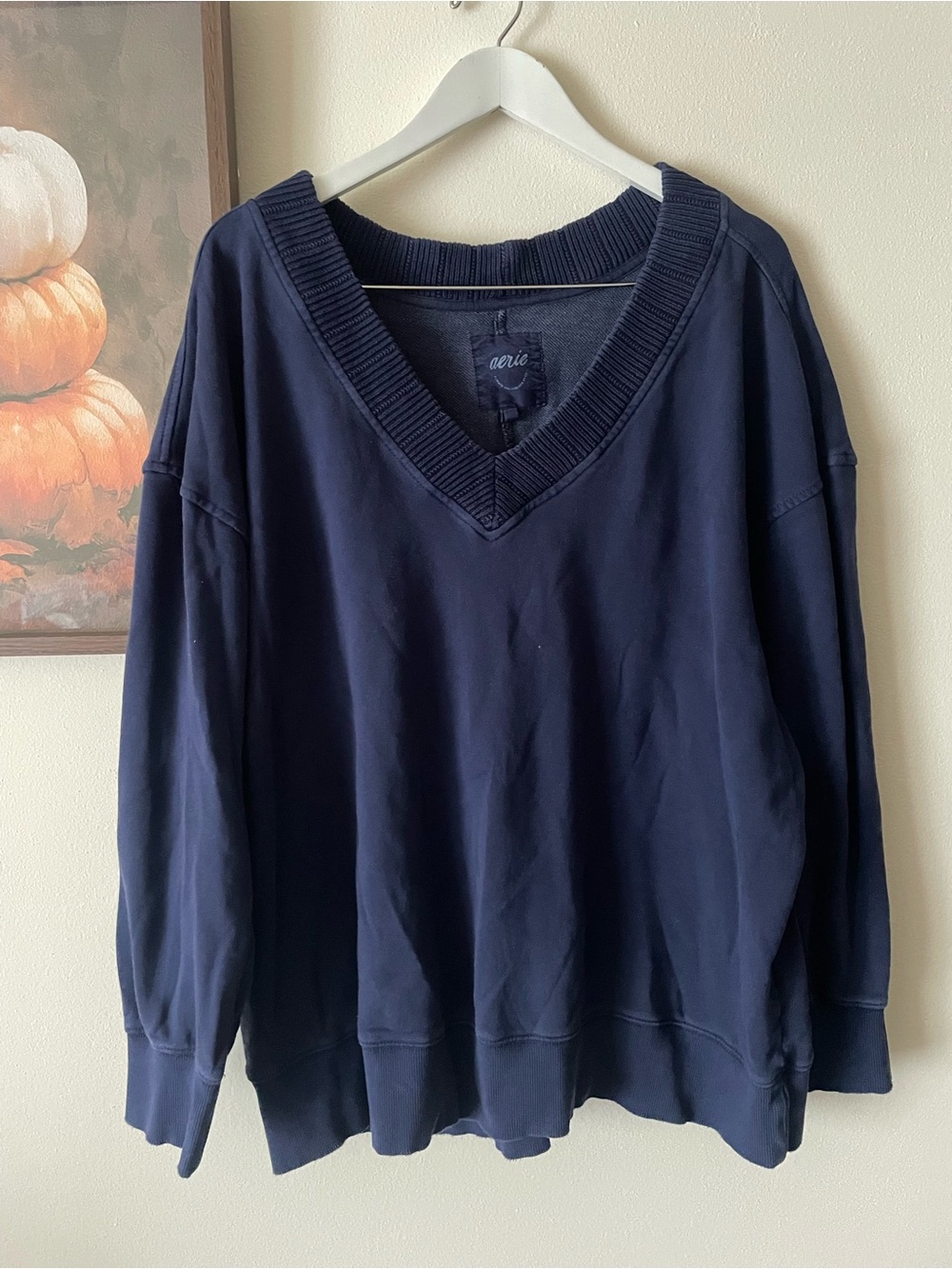 Aerie Ribbed V-Neck Oversized Pullover Sweatshirt Navy Blue XL